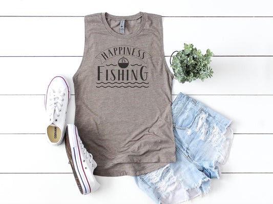 Happiness is Fishing Boho Tank Top, Summer Apparel, Muscle Tank Top, Festival Clothing