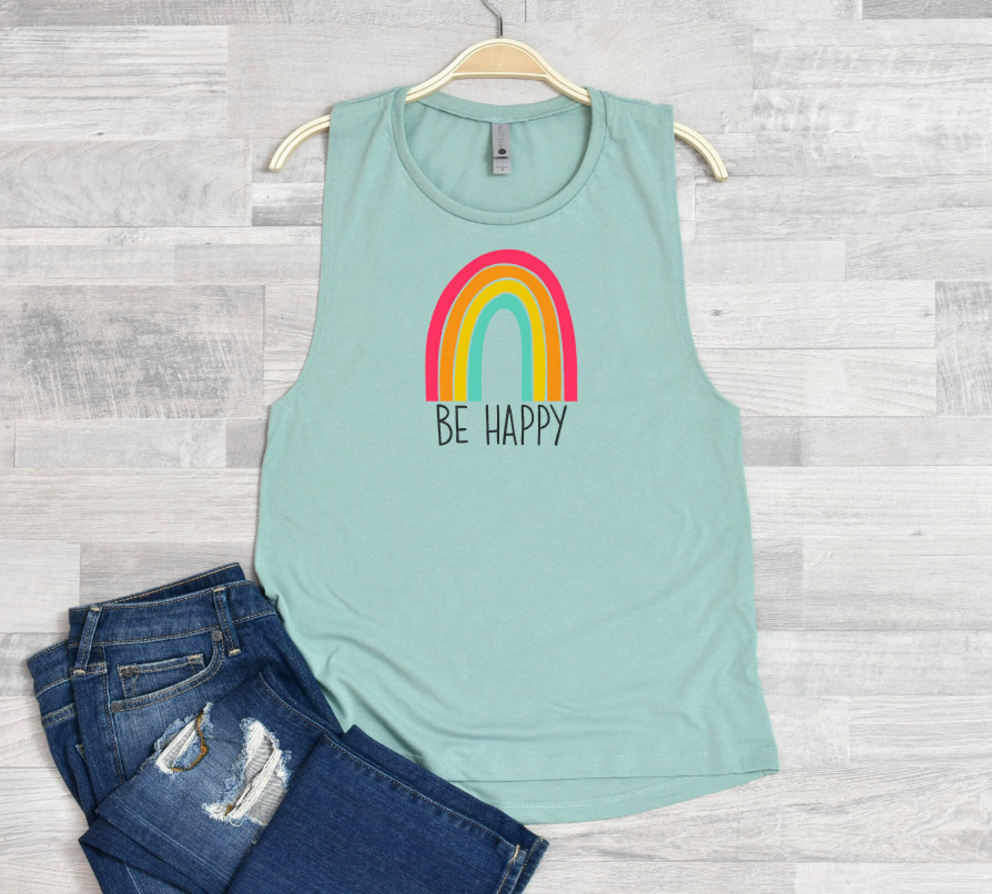 Be Happy with Boho Rainbow Festival Tank Top, Summer Apparel Top, Yoga Tank Top, Camping Shirt