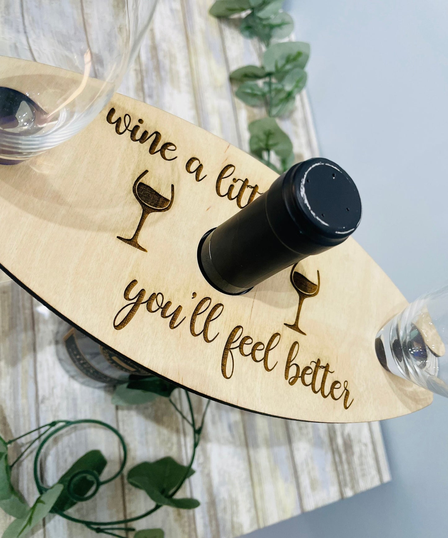 Wood Wine Caddy, Wine a Little, You’ll Feel Better Wine Glass and Bottle Holder, Wooden Wine Tray