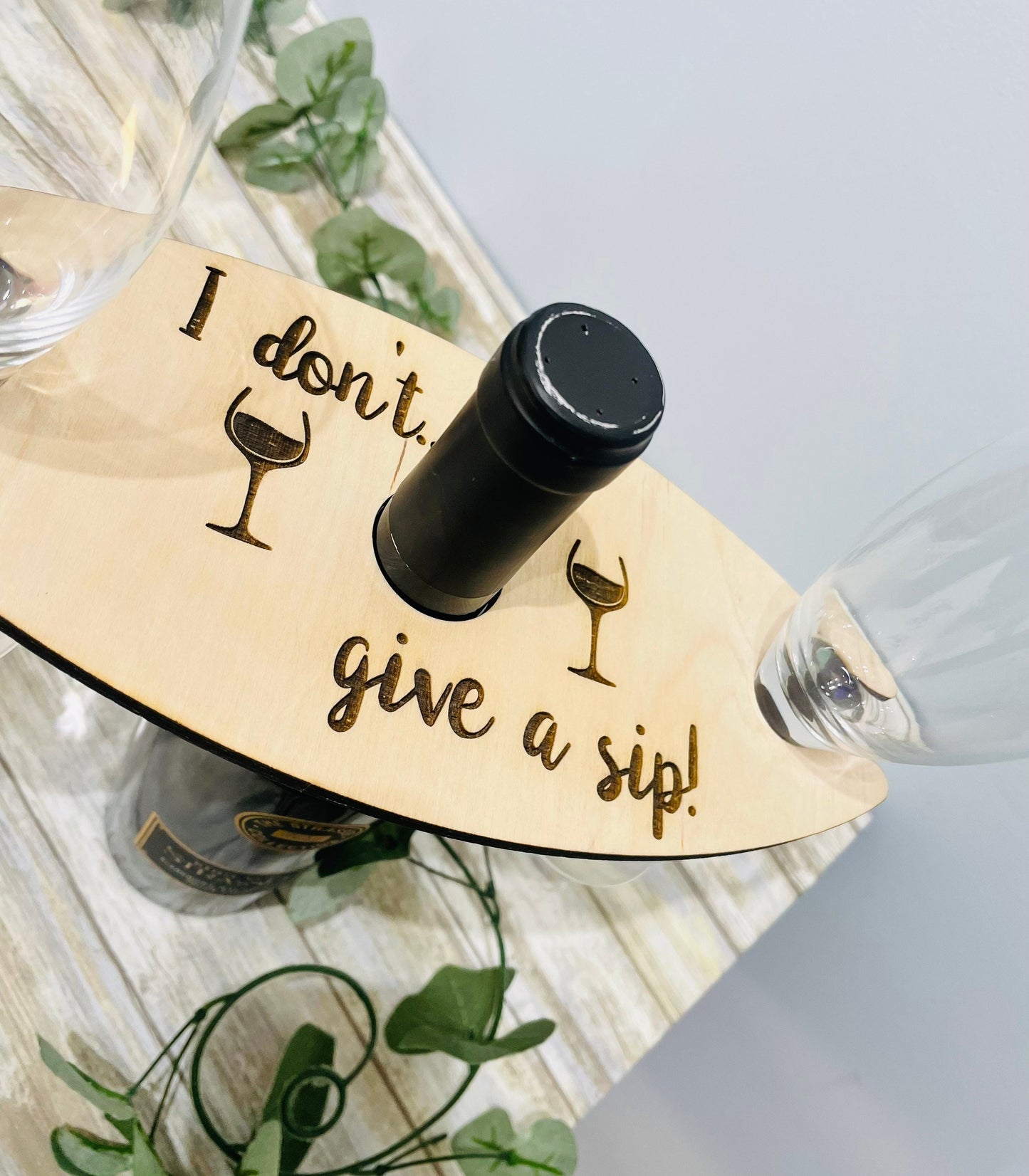 Customized Wood Wine Caddy, I Don't Give a Sip Wine Glass and Bottle Holder, Wooden Wine Tray