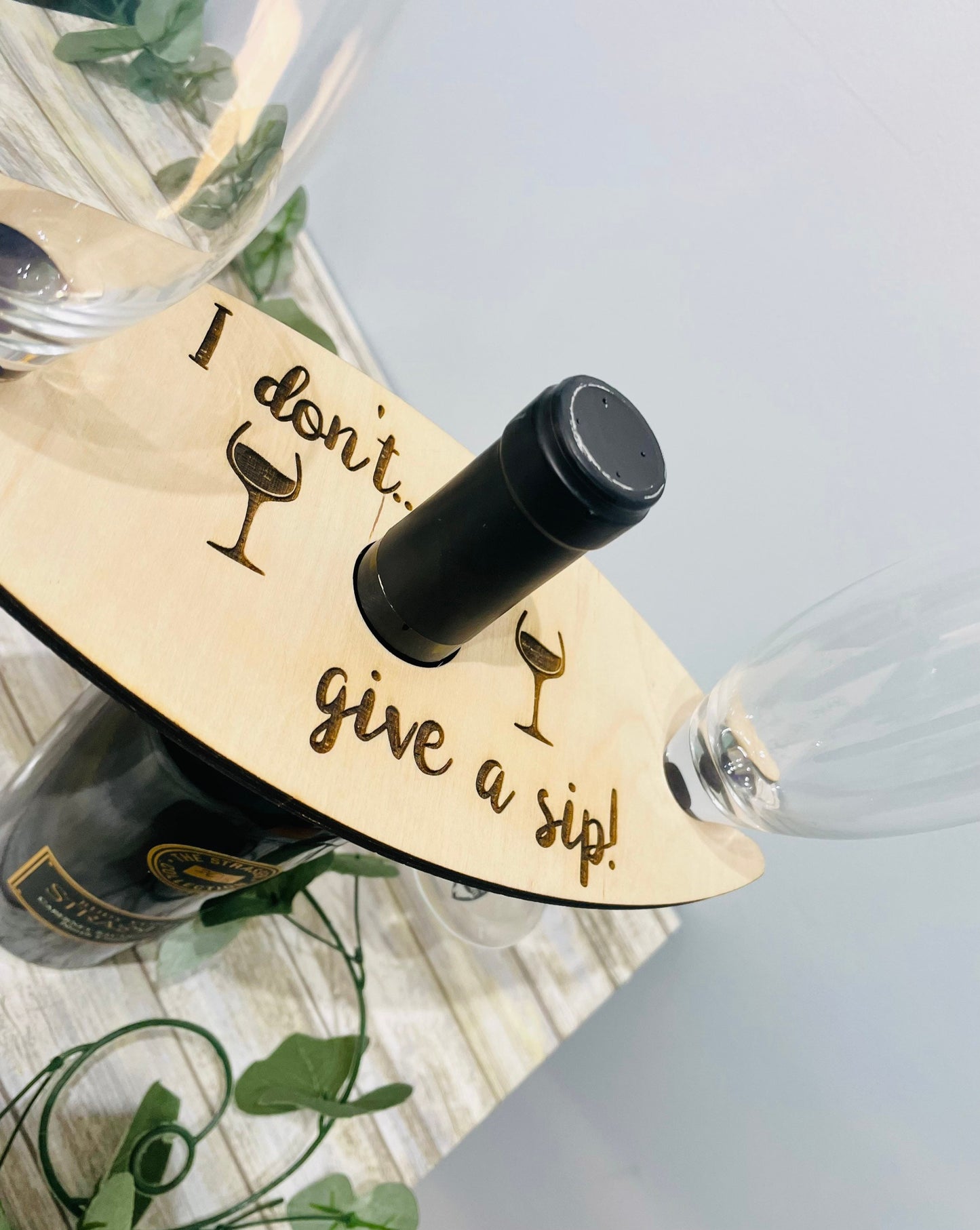 Customized Wood Wine Caddy, I Don't Give a Sip Wine Glass and Bottle Holder, Wooden Wine Tray