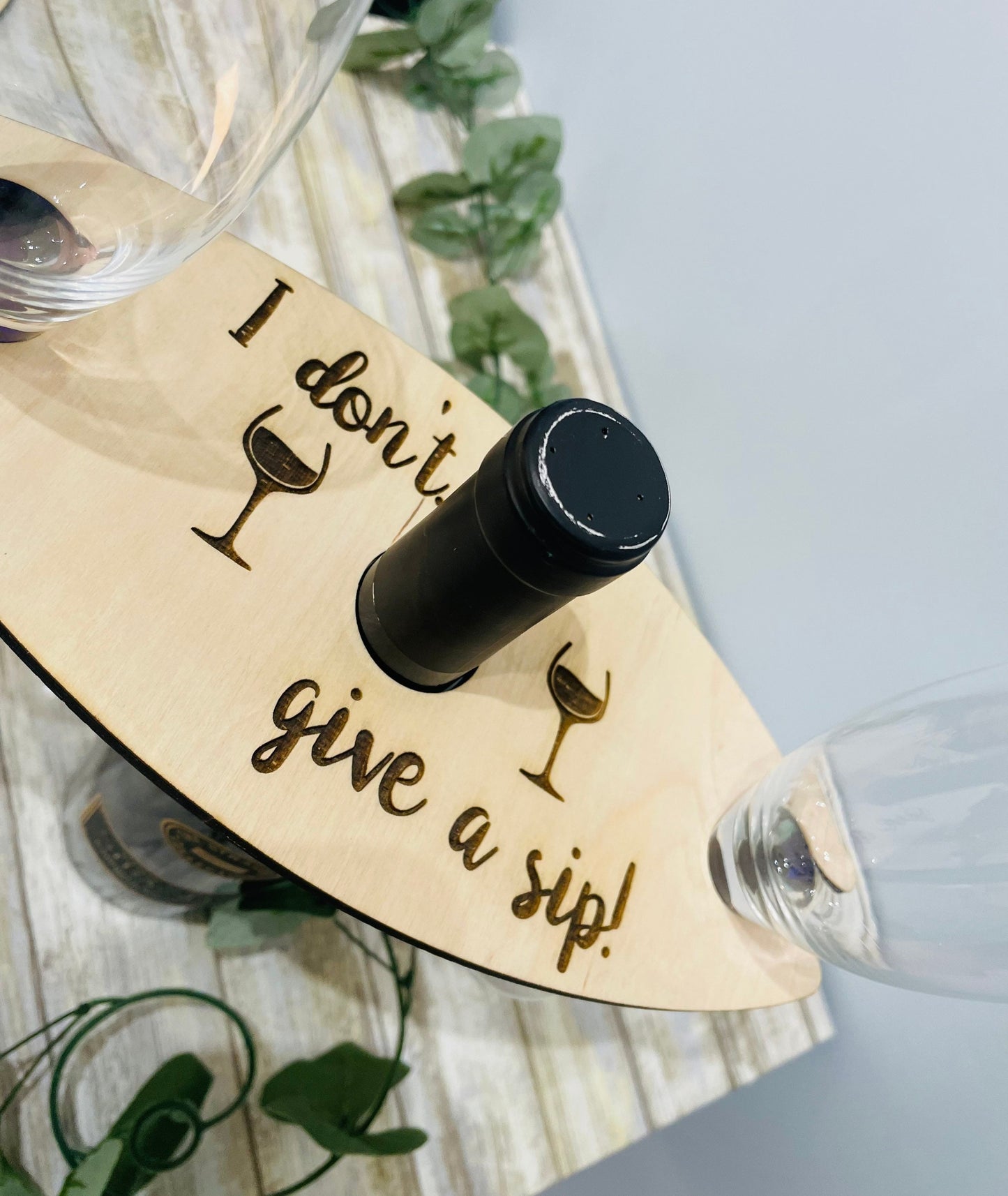 Customized Wood Wine Caddy, I Don't Give a Sip Wine Glass and Bottle Holder, Wooden Wine Tray