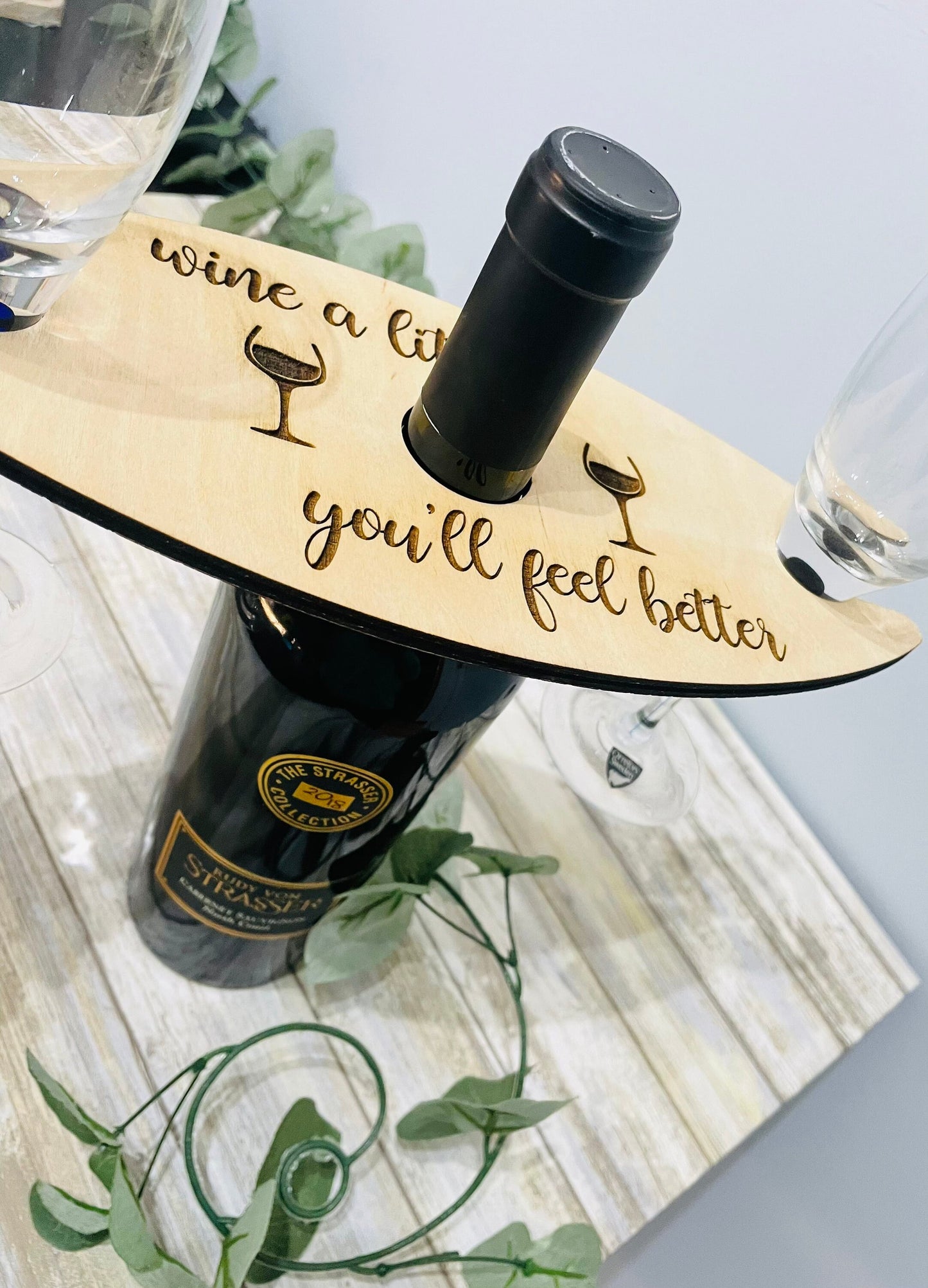 Wood Wine Caddy, Wine a Little, You’ll Feel Better Wine Glass and Bottle Holder, Wooden Wine Tray