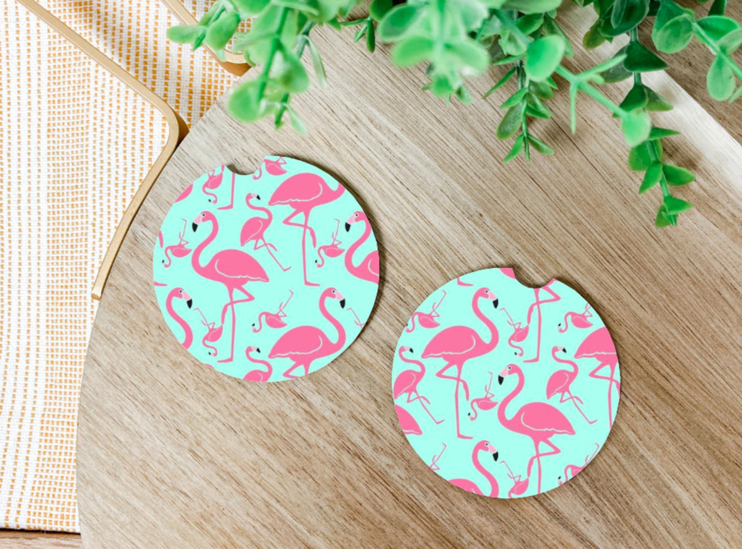 Pink Flamingo Car Coasters, Set of 2, Bird Car Coasters, Car Accessory