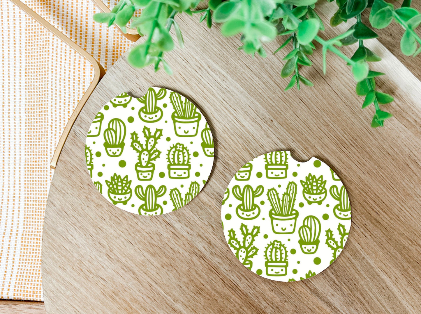 Cactus Print Car Coasters - Cactus - Pattern Car Coasters - Gift for Car Lover - Set of Two Cactus Coasters