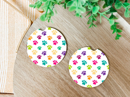 Colorful Paw Print Car Coasters - Set of 2 Car Coasters - Print Car Coasters